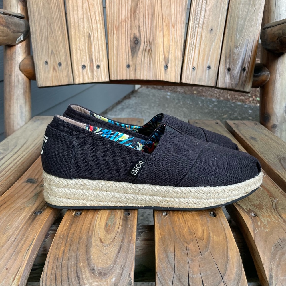 Bobs By Skechers Black High Jinx Espadrille Wedge Slip On Canvas Shoes Size 8